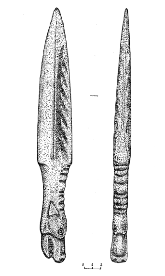 Ритуальный нож из кол- лекции Музея истории оружия в г. Запорожье (рисунок Р. А. Доли)